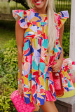 Abstract Print Flutter Sleeve Tiered Mini Dress