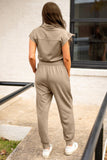 Khaki Zip-Up Short Sleeve Collared Jumpsuit with Pockets