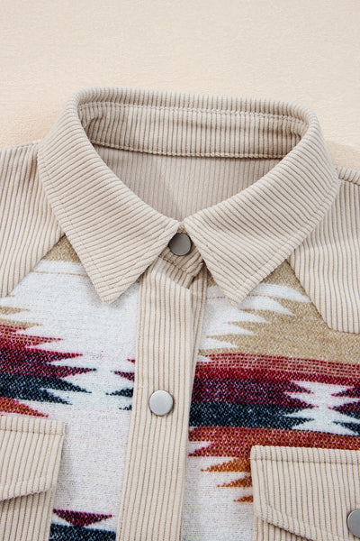 Multicolour Western Aztec Ribbed Patchwork Double Flap Pocket Raw Hem Shacket