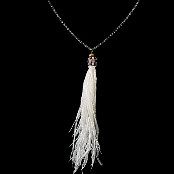 Silver Tone Feather Pendant Necklace- White