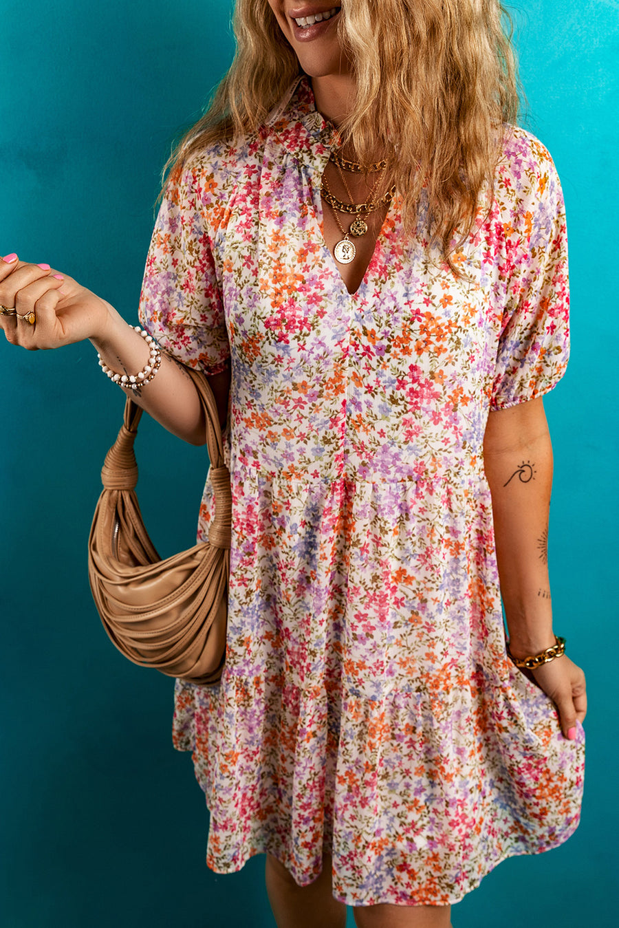 Multicolored Floral Print Notched V-Neck Puff Sleeve Tiered Mini Dress