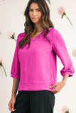 Frill V-Neck Lantern Sleeve Crinkled Blouse- 3 Colors