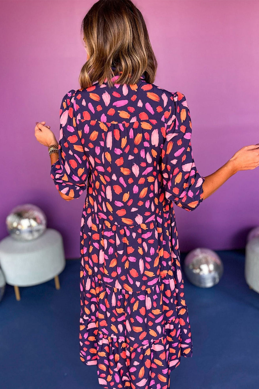 Purple and Orange Multi Floral Print Collared Tiered Flowy Long Sleeve Maxi Dress- 2 Colors