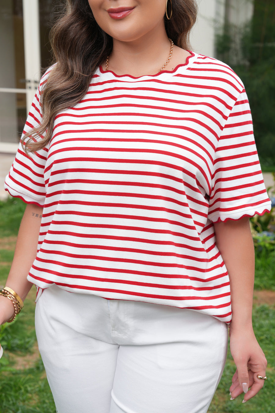 Plus Size Red Striped Scalloped Trim Crew Neck Short Sleeve T-Shirt