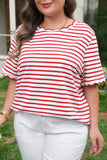Plus Size Red Striped Scalloped Trim Crew Neck Short Sleeve T-Shirt