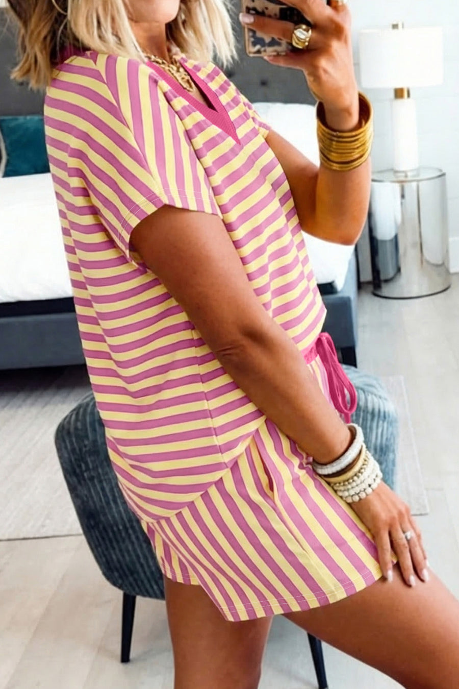 Striped Contrast Trim V-Neck T-Shirt and Drawstring Elastic Waist Shorts Set- 4 Colors