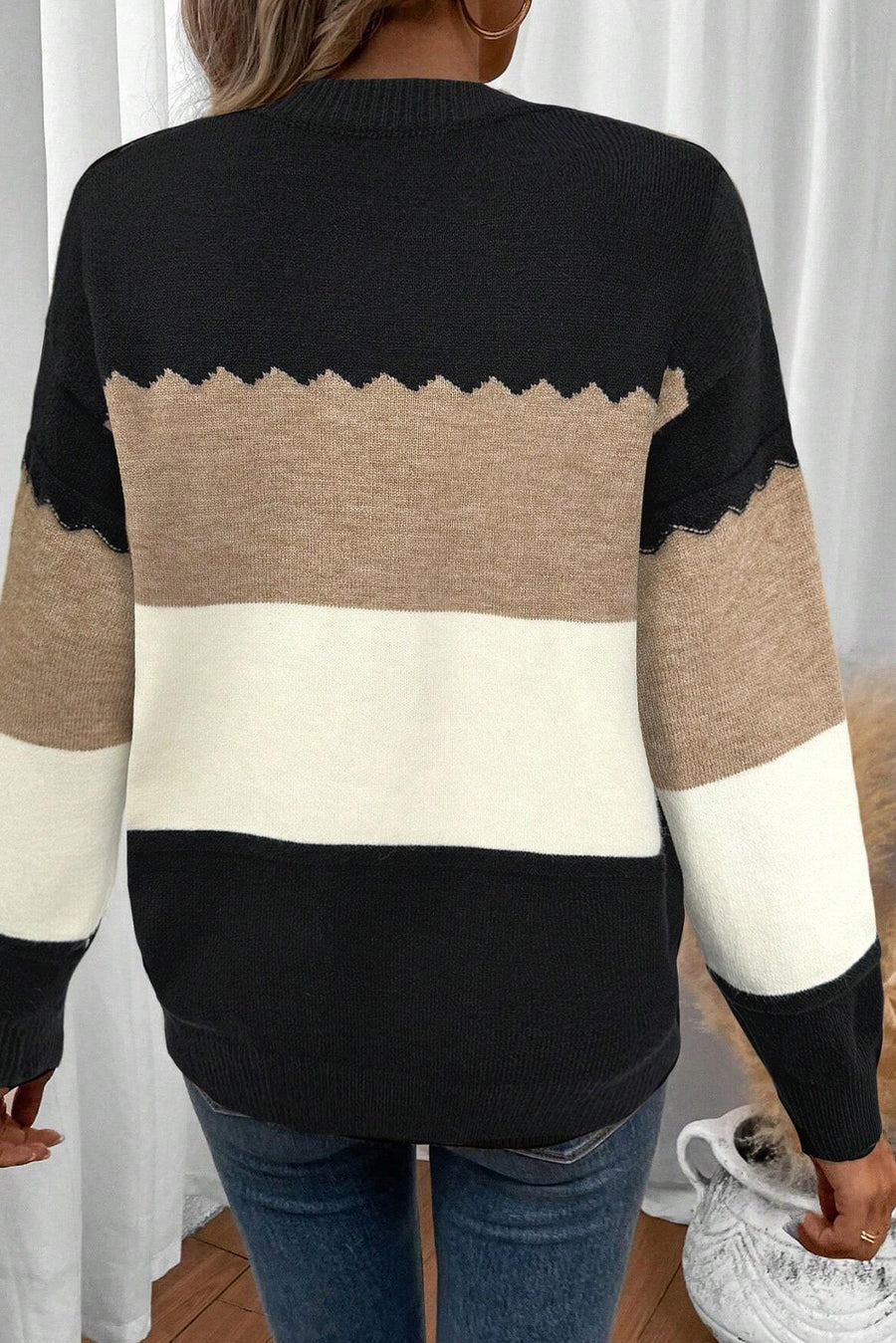 Color Block Crew Neck Drop Shoulder Scallop Detail Sweater- 3 Colors