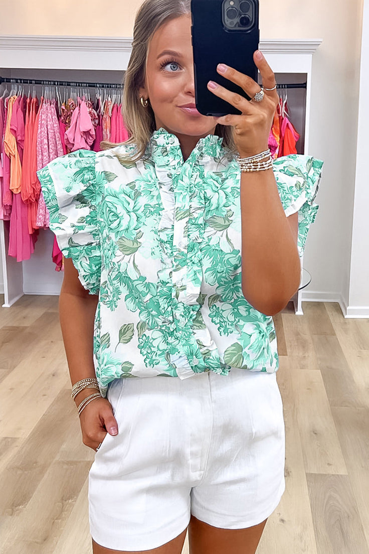 Floral Ruffle Sleeve Frilly Button-Up Blouse- 2 Colors