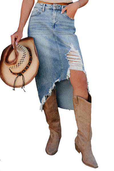 Myosotis Irregular Distressed Hem Denim Midi Skirt