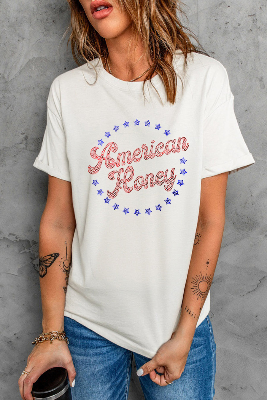 White American Honey Rhinestone Graphic T-Shirt