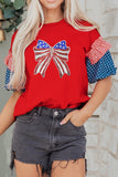 Red American Sequin Bow Contrast Puff Sleeve Blouse