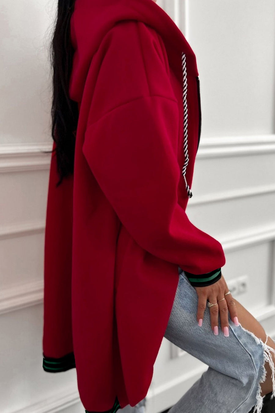 Contrast Cuff Drop Shoulder Zip-Up Tunic Hoodie- 3 Colors