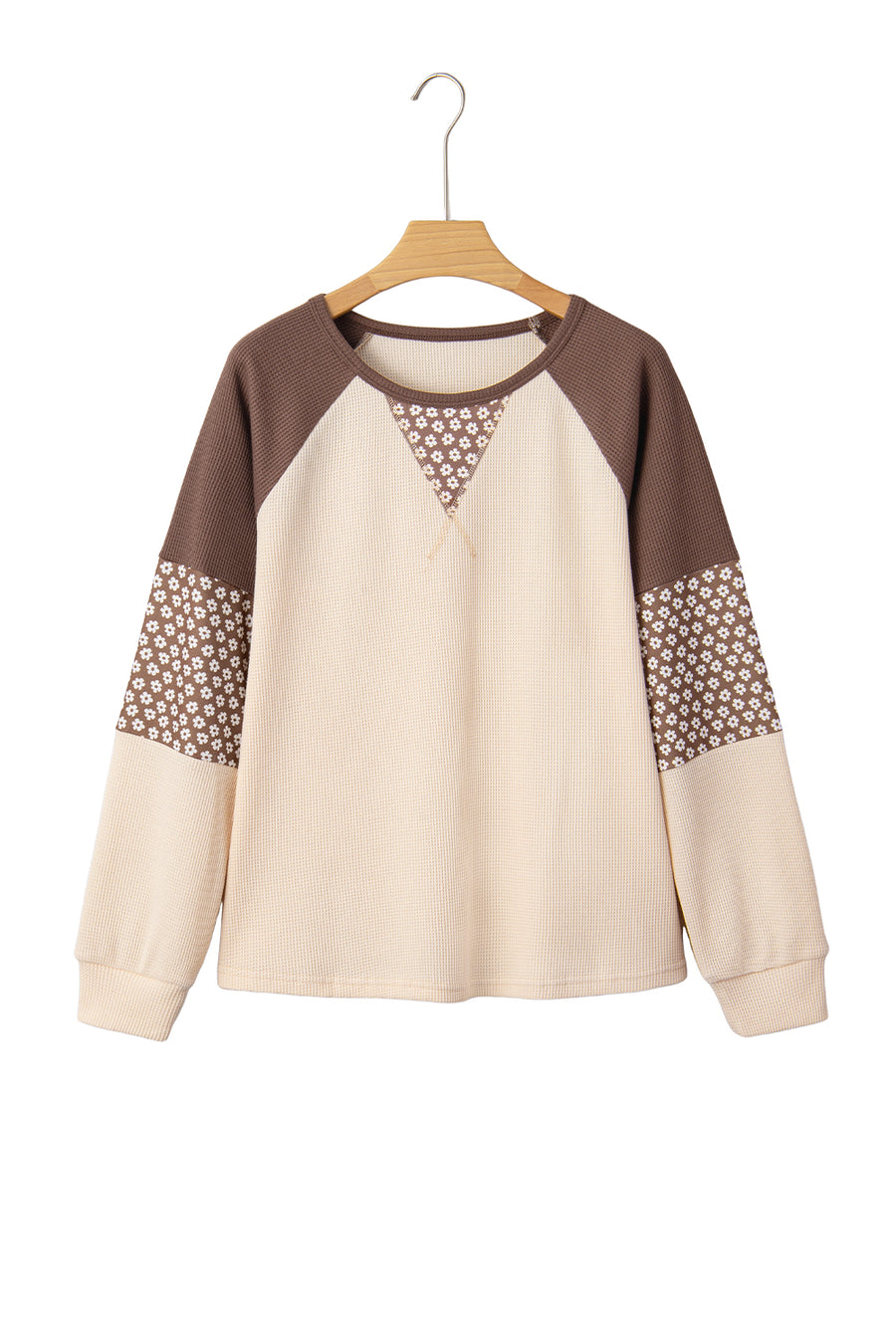 Brown Floral Print Patchwork Color Block Long Sleeve Top