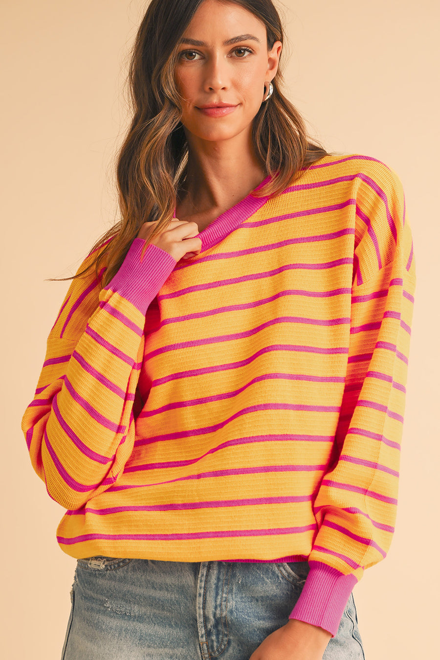 Striped Crew Neck Drop Shoulder Loose Sweater- 3 Colors