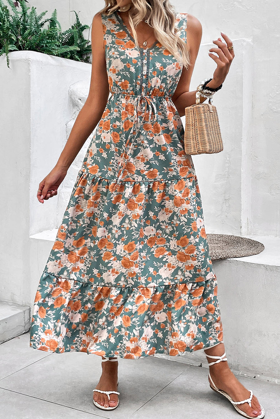 Green and Orange Floral Print V-Neck Sleeveless Midi Dress