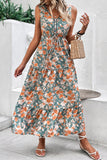 Green and Orange Floral Print V-Neck Sleeveless Midi Dress