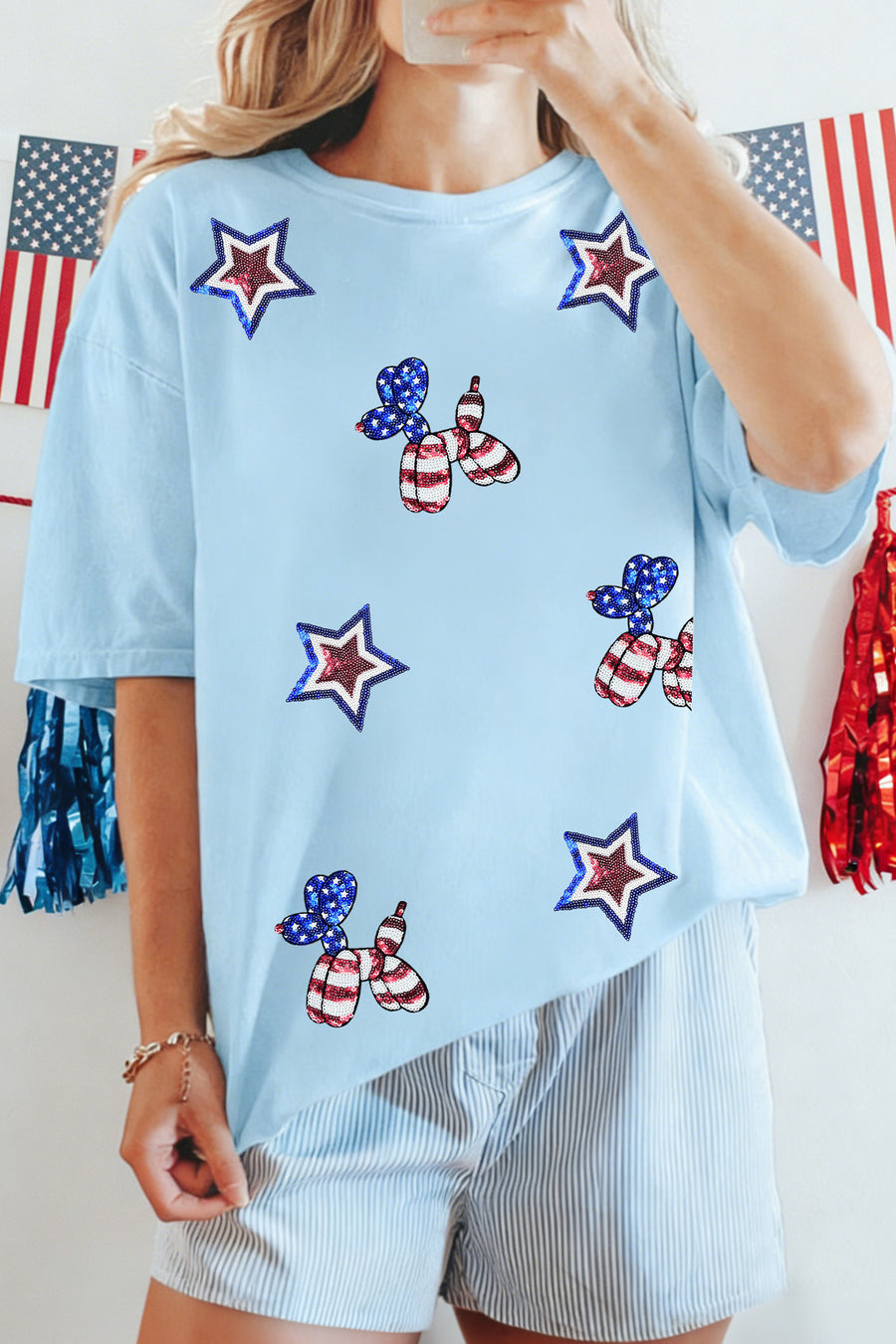 Light Blue American Stars & Coquette Dog Sequined Crew Neck Graphic T-Shirt