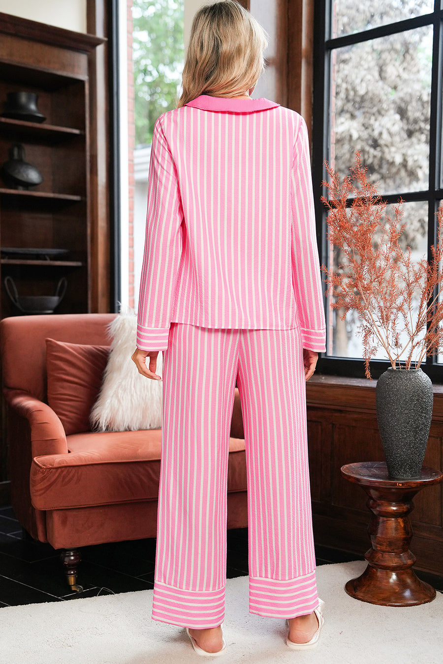 Pink Striped Bow Decor Peter Pan Collar Button-Up Top and Pants Pajama Set