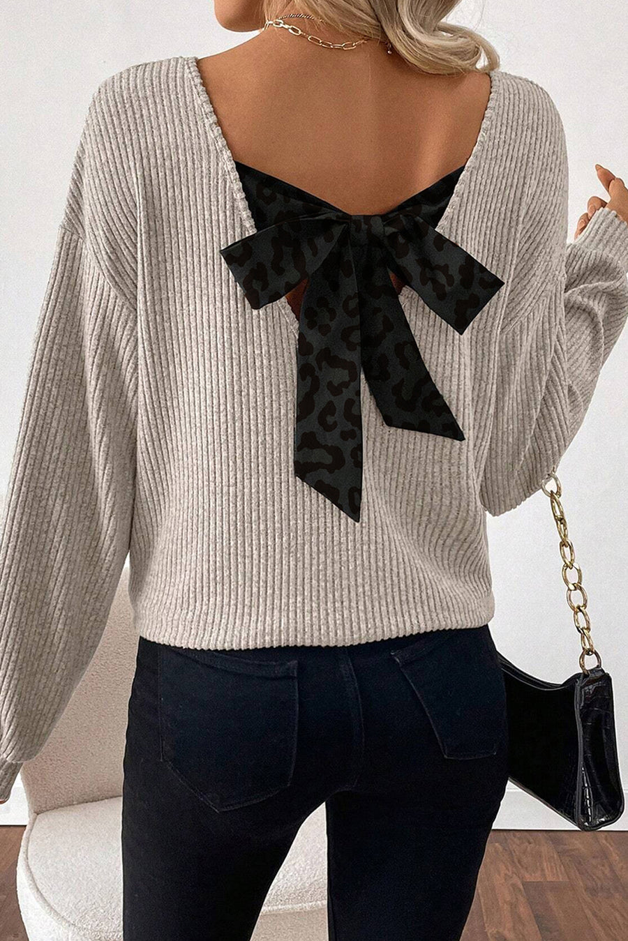 Leopard Print V-Neck Bow Back Ribbed Long Sleeve Sweater- 2 Colors
