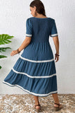 Plus Size Slate Blue V-Neck Swiss Dot Lace Detail Flared Midi Dress with Pockets