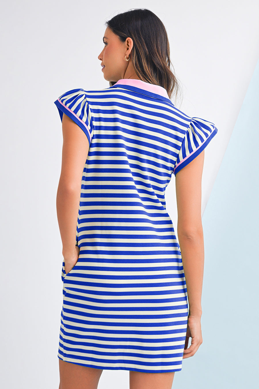 Striped Ruffle Short Sleeve Contrast Neckline Mini Dress- 3 Colors