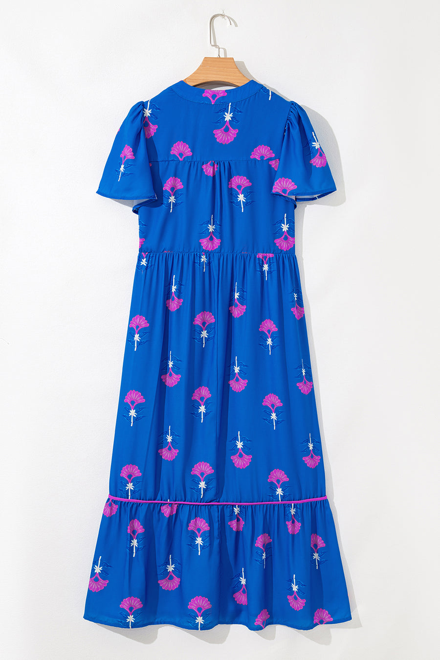 Blue Floral Print Notched Neck Flounce Sleeve Maxi Dress with Pockets- 2 Colors