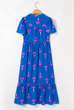 Blue Floral Print Notched Neck Flounce Sleeve Maxi Dress with Pockets- 2 Colors