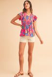 Neon Pink Floral Frill V-Neck Smocked Peplum Blouse
