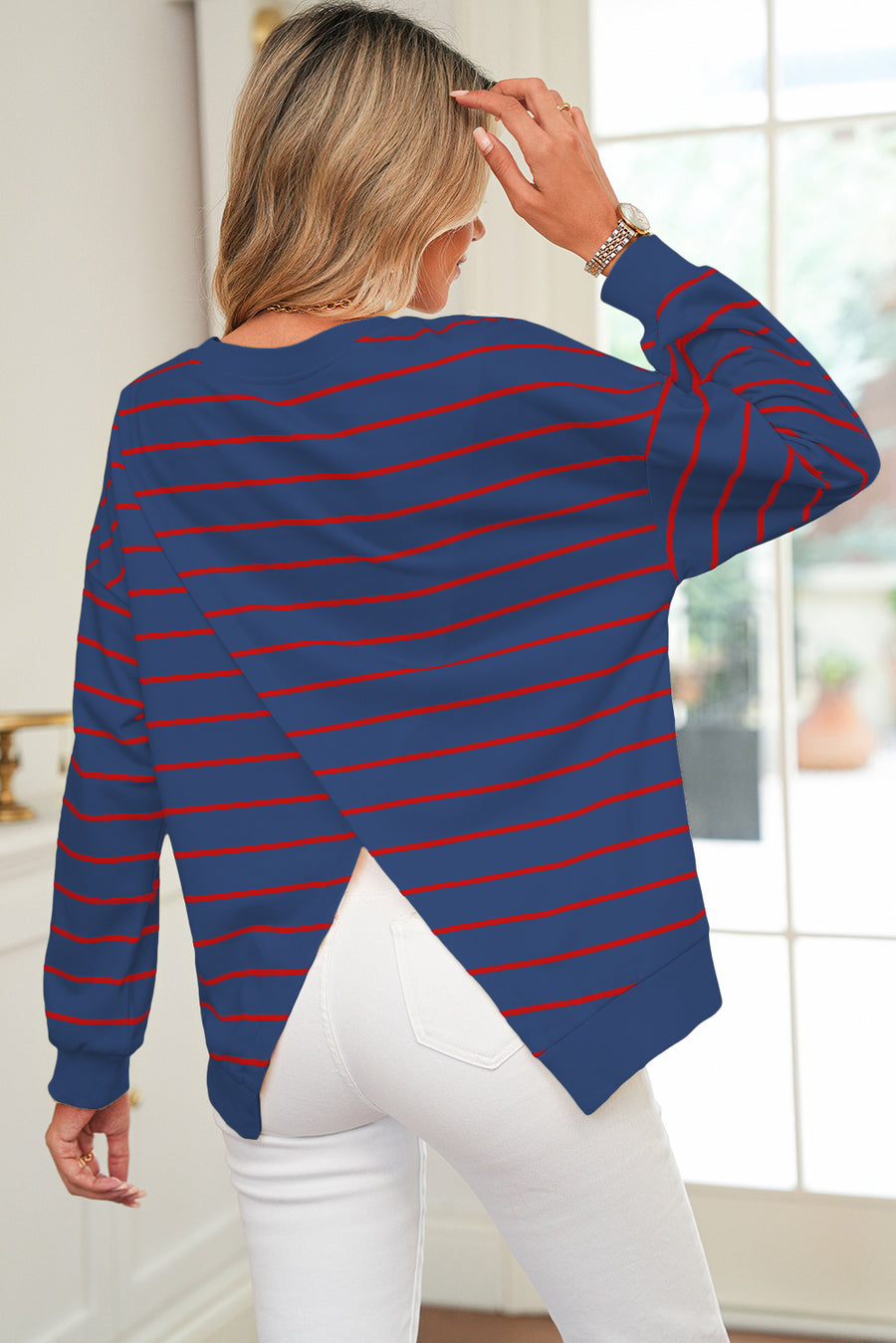 Striped Overlap Back Drop Shoulder Pullover Sweatshirt- 2 Colors