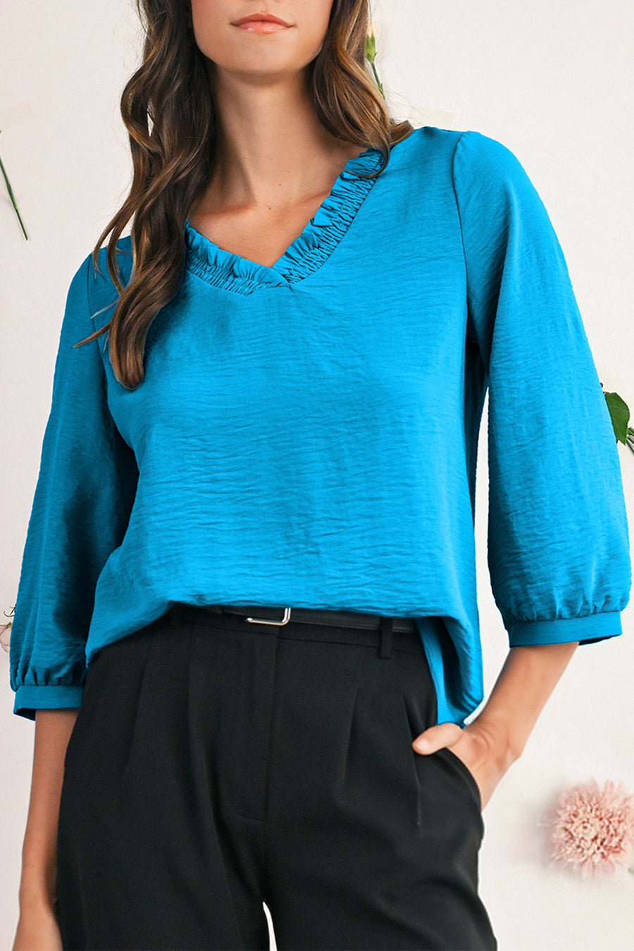 Frill V-Neck Lantern Sleeve Crinkled Blouse- 3 Colors
