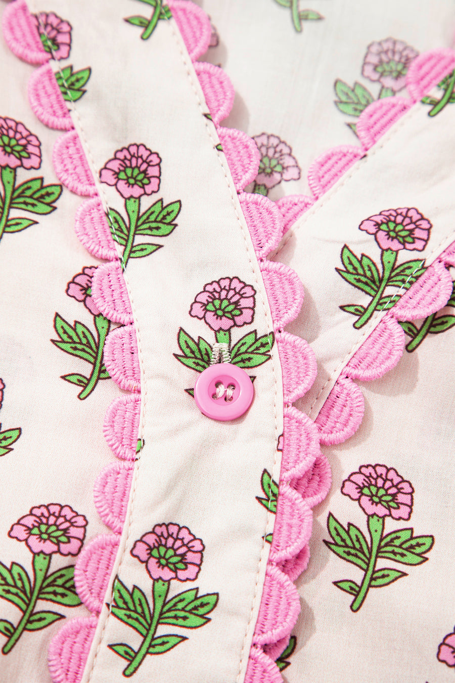 Pink Floral Print V-Neck Scallop Trim Button-Up Short Sleeve Maxi Dress
