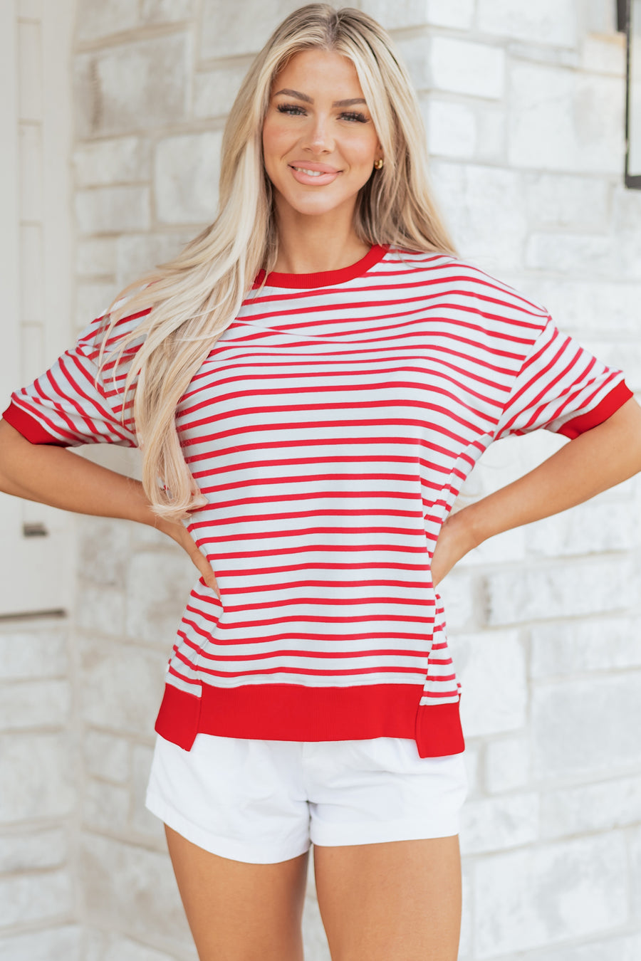 Red Striped Drop Shoulder Banded Short Sleeve T Shirt