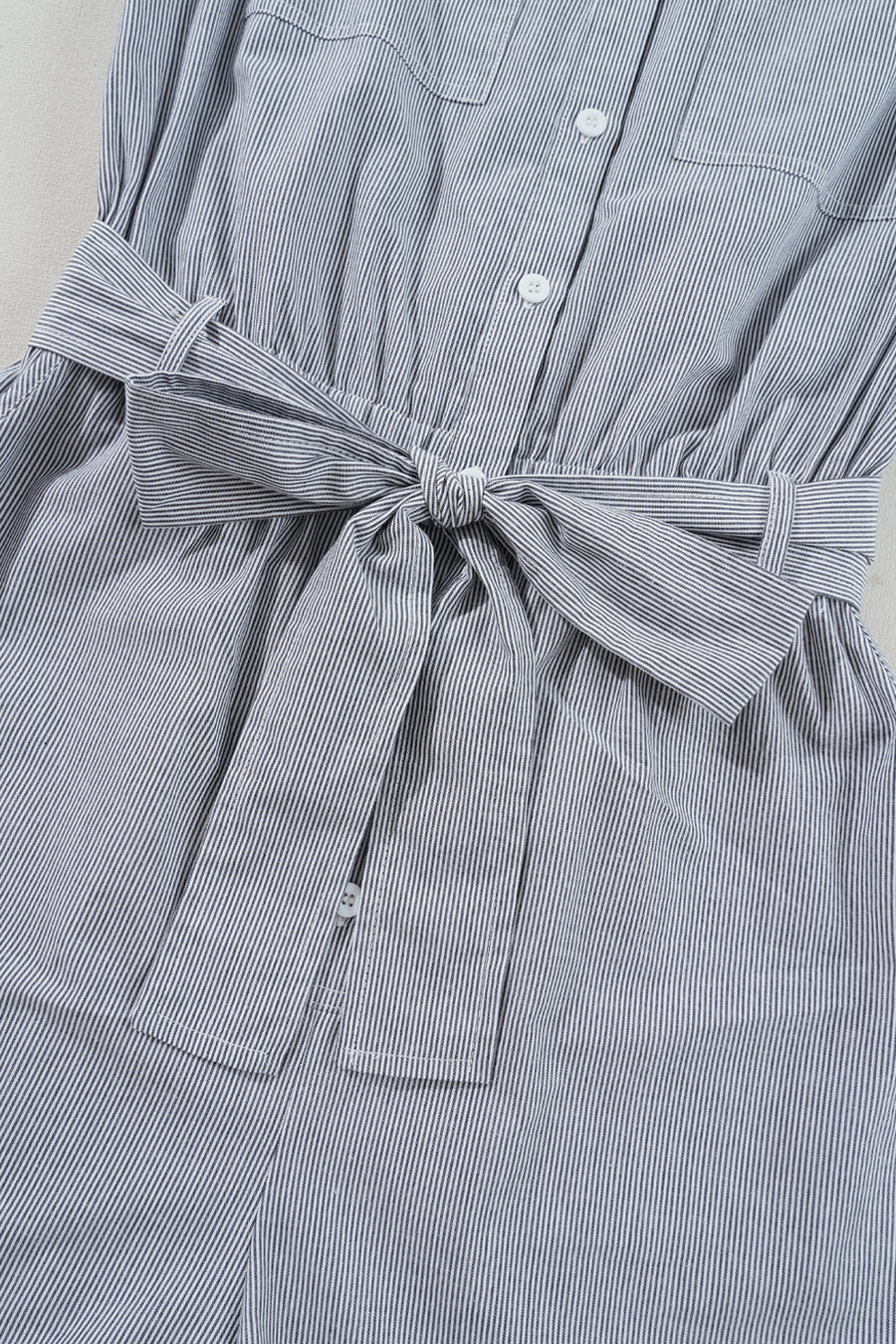 Railroad Striped Chest Pockets Button-Up Belted High-Waist Romper