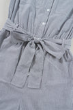 Railroad Striped Chest Pockets Button-Up Belted High-Waist Romper