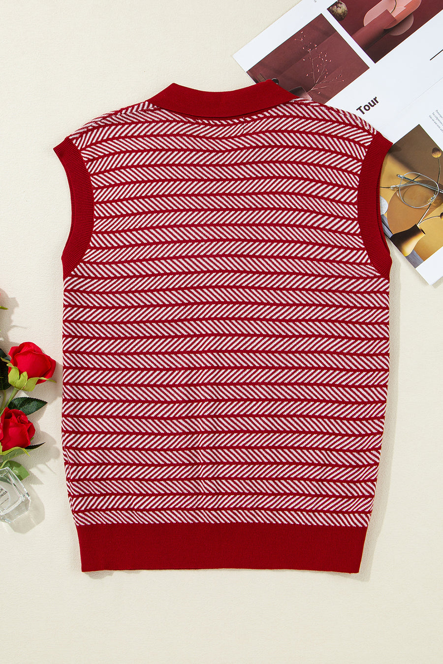 Striped Contrast Trim Sleeveless Collared Sweater- 3 Colors