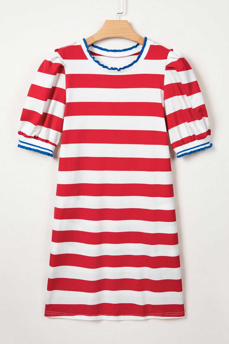 Striped Contrast Trim Crew Neck Short Puff Sleeve Shift Mini Dress- 2 Colors