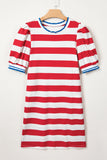 Striped Contrast Trim Crew Neck Short Puff Sleeve Shift Mini Dress- 2 Colors