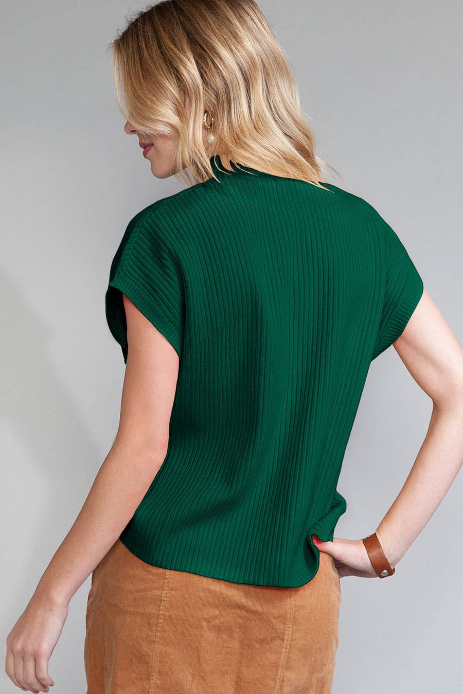 Green Pocket Ribbed Knit Short Sleeve Sweater- 9 Colors
