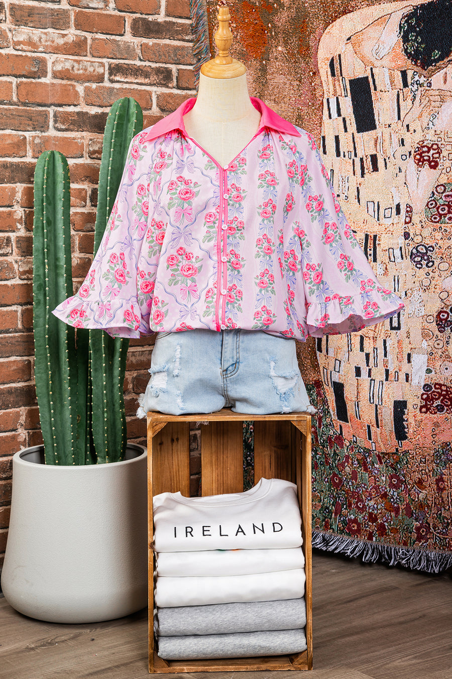 Bright Pink Bow Bouquets Collared Ruffled Short Sleeve Button-Up Blouse
