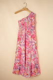 Pink Floral Print Shirred One Shoulder Maxi Dress