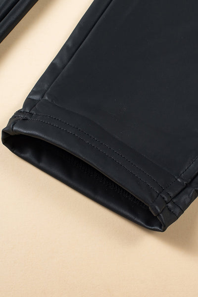 Black Piping Trim Sleek Faux Leather High Waist Leggings
