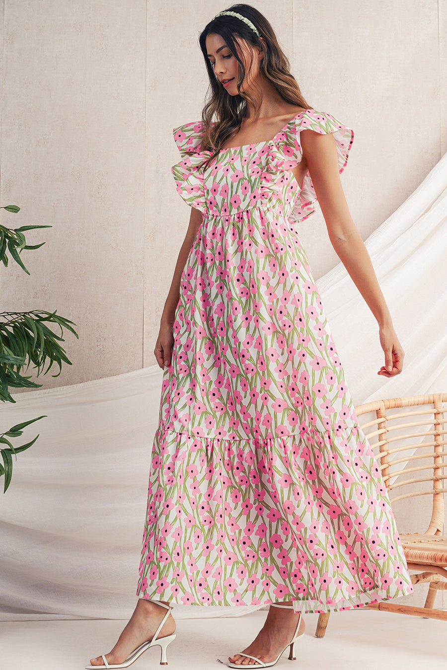 Floral Print Square Neck Ruffled Strap Maxi Dress- 2 Colors