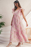 Floral Print Square Neck Ruffled Strap Maxi Dress- 2 Colors