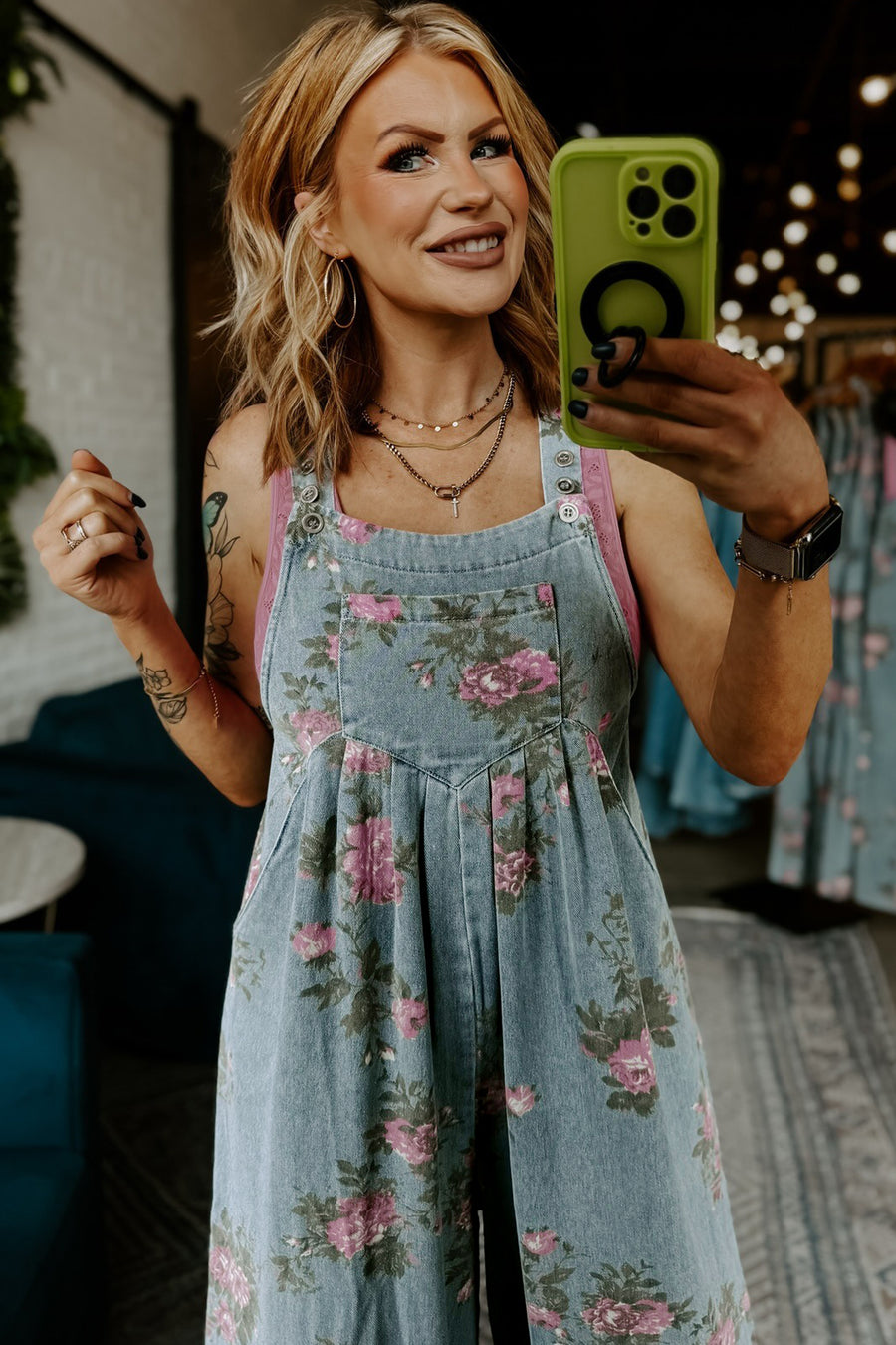Floral Print Pleated High-Waist Wide Leg Denim Overalls- 3 Colors