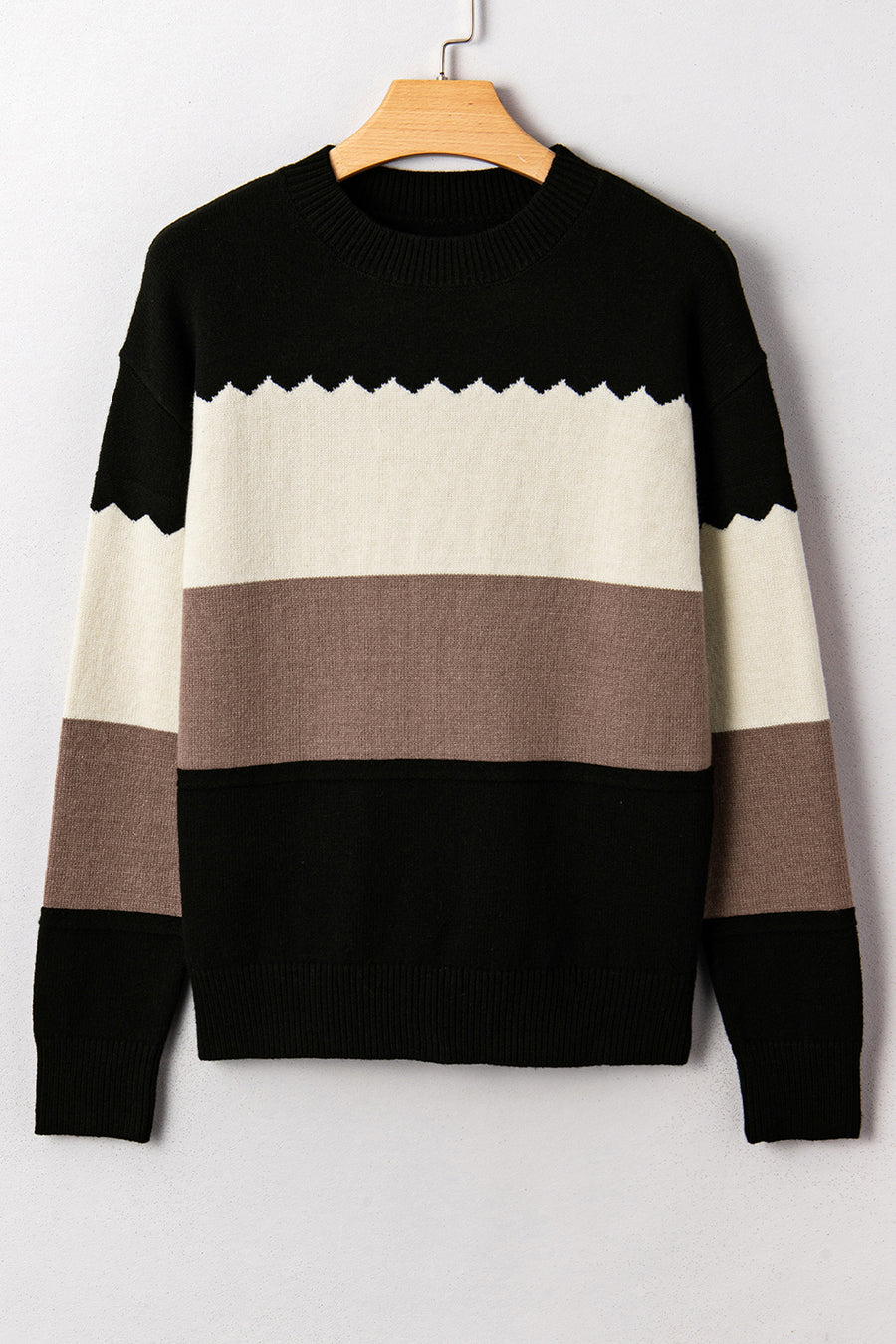 Color Block Crew Neck Drop Shoulder Scallop Detail Sweater- 3 Colors
