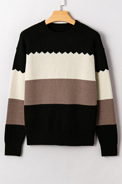 Black Colorblock Crew Neck Drop Shoulder Sweater