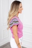 Bright Pink Square Stripes Crew Neck Short Sleeve Sweater