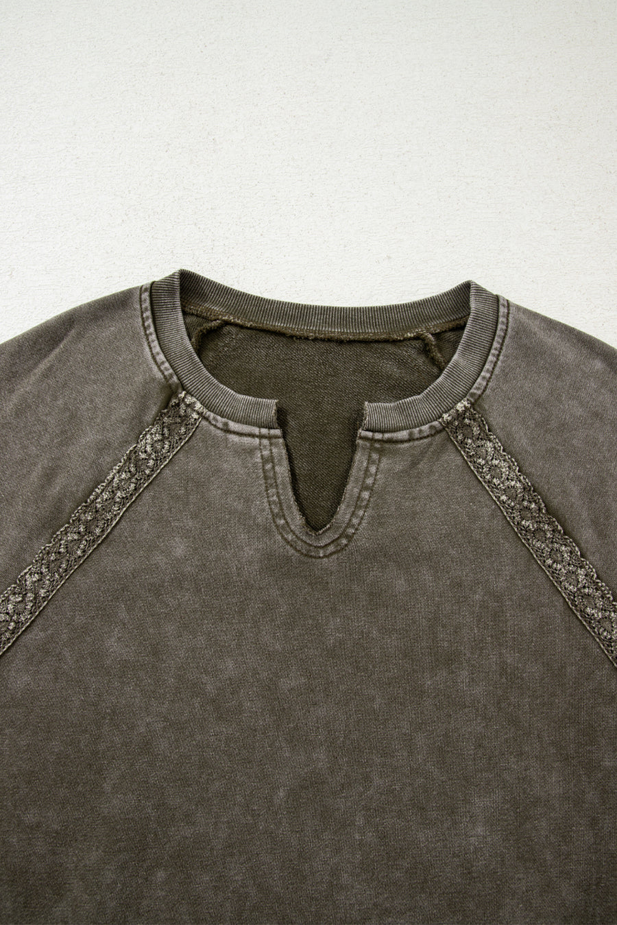 Lace Applique Notched Neck Mineral Wash Baggy Sweatshirt- 4 Colors