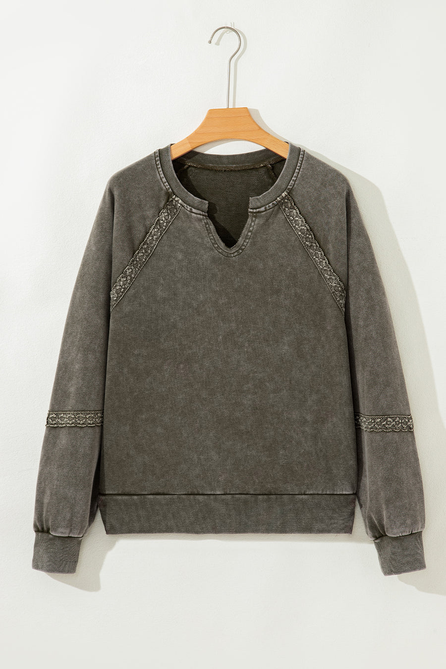 Lace Applique Notched Neck Mineral Wash Baggy Sweatshirt- 4 Colors