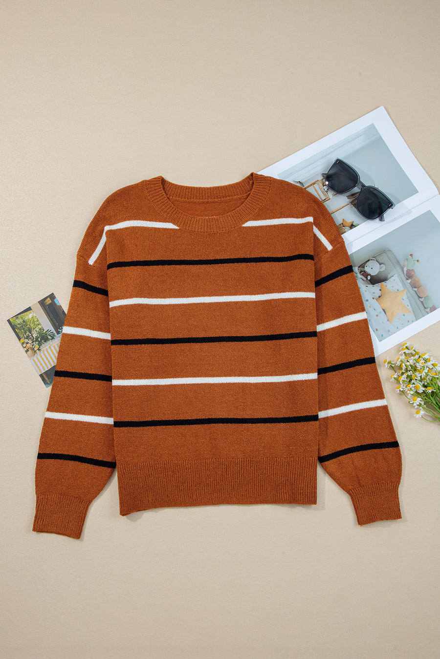Striped Ribbed Edge Drop Shoulder Sweater- 2 Colors